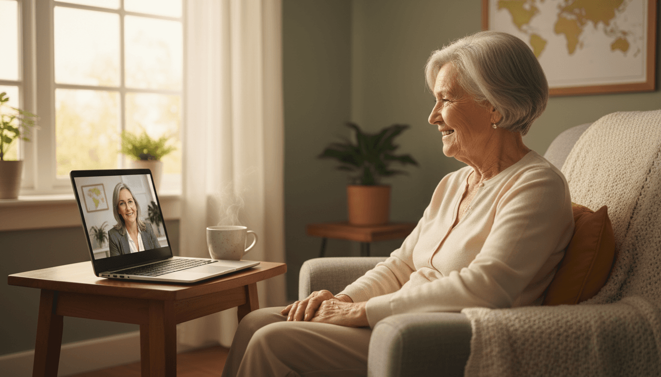 Elderly woman video calling with a travel agent from home while reviewing travel plans