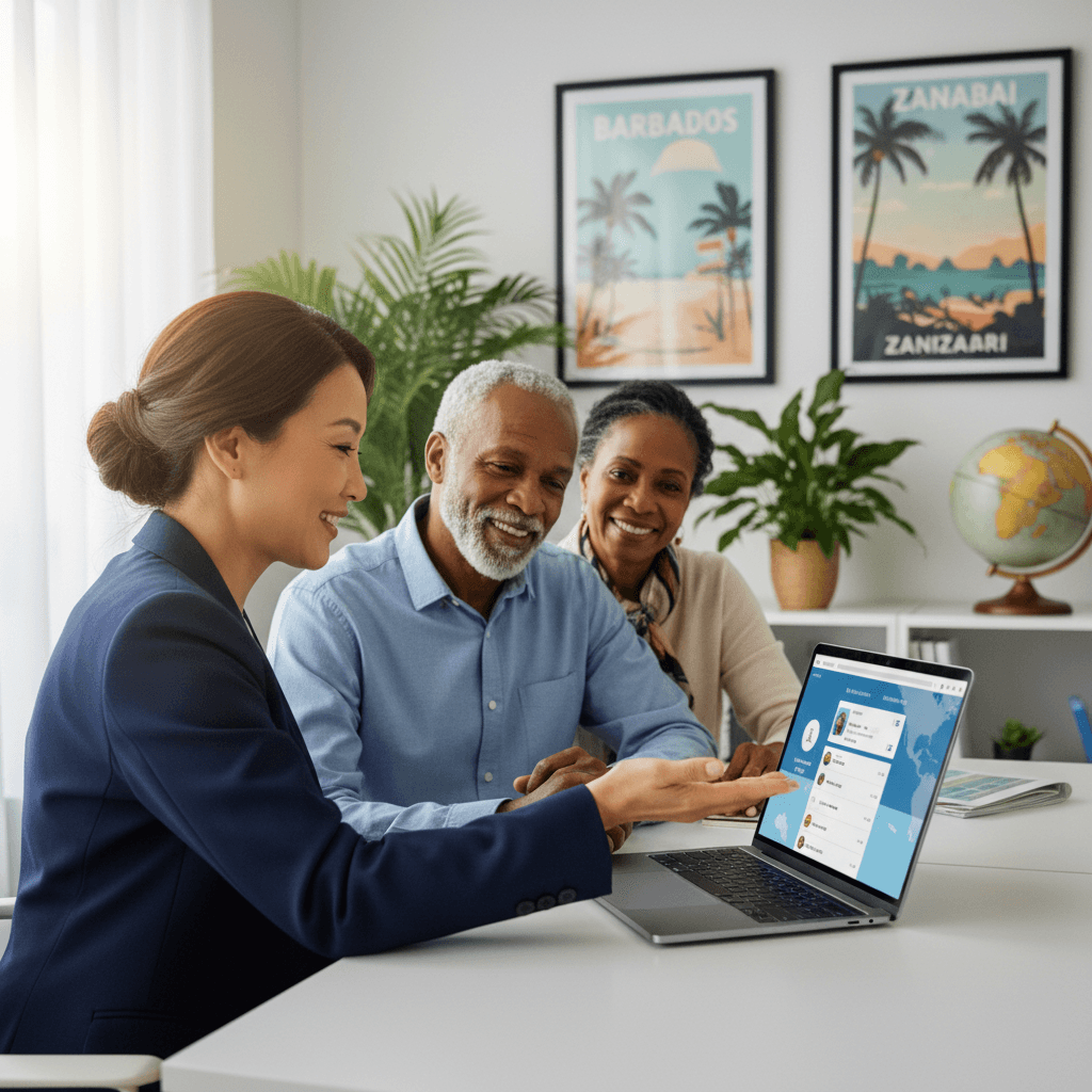 Travel agent assisting elderly couple with booking in a modern office
