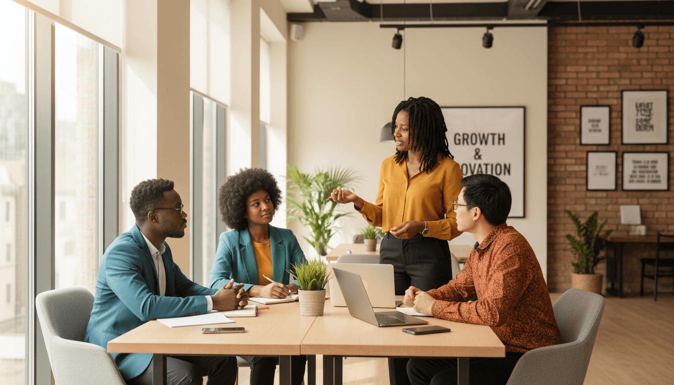 Diverse entrepreneurs in mentorship session around wooden table with mentor gesturing in bright modern office workspace